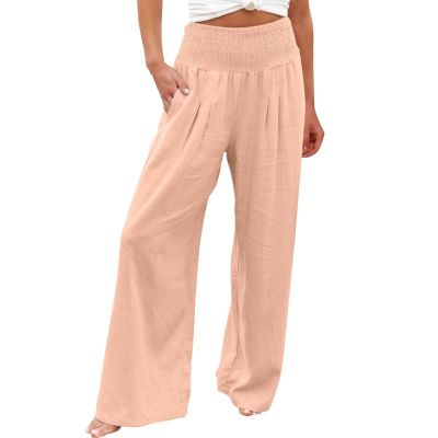 XUNRYAN Women's Cotton Linen Wide Leg Pants Summer Casual High Waisted Boho Palazzo Pants Baggy Lounge Trousers w Pockets