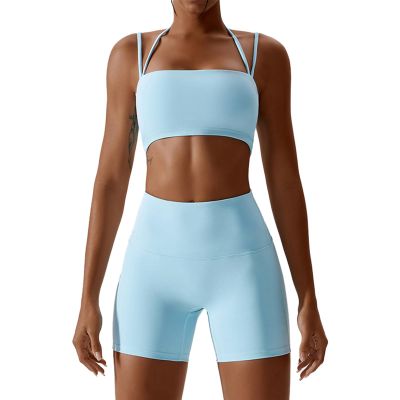 IMEKIS Workout Sets for Women 2 Piece Yoga Outfit: Tracksuits High Waisted Running Biker Shorts with Sport Bra Shirt Exercise Clothes Athletic Gym Sets Matching Active Wear B - Blue Large