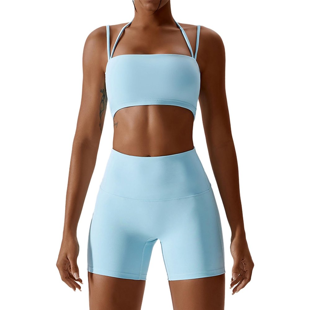 IMEKIS Workout Sets for Women 2 Piece Yoga Outfit: Tracksuits High Waisted Running Biker Shorts with Sport Bra Shirt Exercise Clothes Athletic Gym Sets Matching Active Wear B - Blue Large