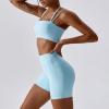 IMEKIS Workout Sets for Women 2 Piece Yoga Outfit: Tracksuits High Waisted Running Biker Shorts with Sport Bra Shirt Exercise Clothes Athletic Gym Sets Matching Active Wear B - Blue Large view 3