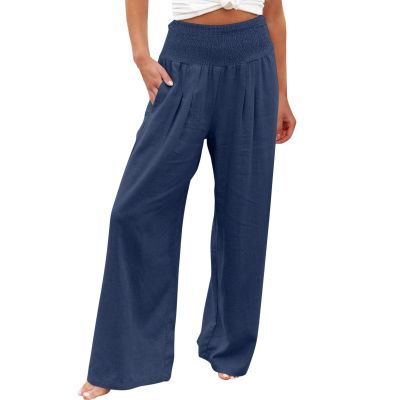 XUNRYAN Women's Cotton Linen Wide Leg Pants Summer Casual High Waisted Boho Palazzo Pants Baggy Lounge Trousers w Pockets
