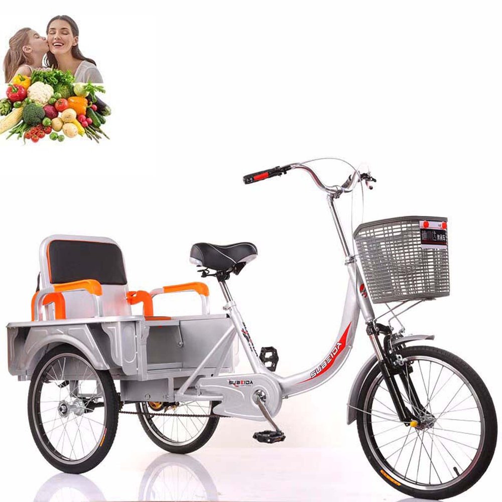 Adult Tricycle - Foldable 3 Wheel Bikes with Large Size Basket and Back Seat, 20 Inch Three-Wheeles Cruise Bicycles Bike for Recreation, Shopping, Exercise Men's Women's Bike,Silver
