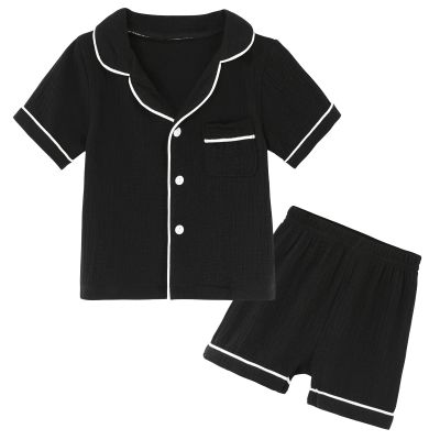 JWWN Kids Short Sleeve Pajama Set 100% Cotton Button Down Sleepwear Little Girls Boys Summer Soft Lounge Set (Black,5Years)