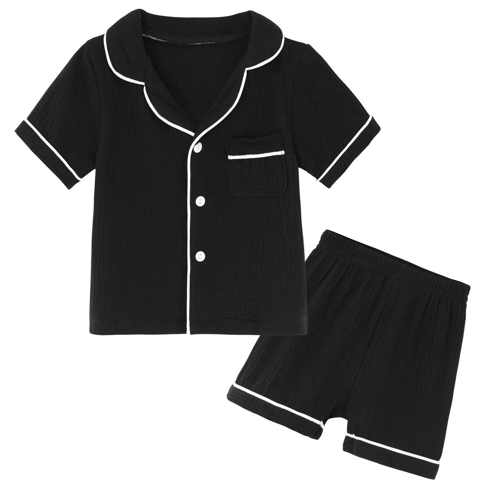 JWWN Kids Short Sleeve Pajama Set 100% Cotton Button Down Sleepwear Little Girls Boys Summer Soft Lounge Set (Black,5Years)