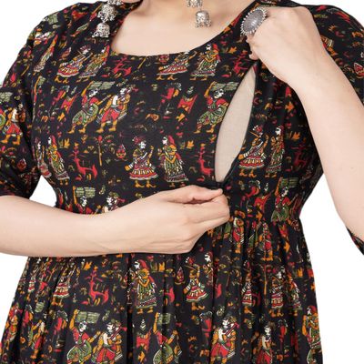 Jikonet Women's Maternity Black Dress Kurti for Pregnancy with Breastfeeding - Long Sleeve Floral Maxi Maternity Dress for Casual & Outdoor Outfits
