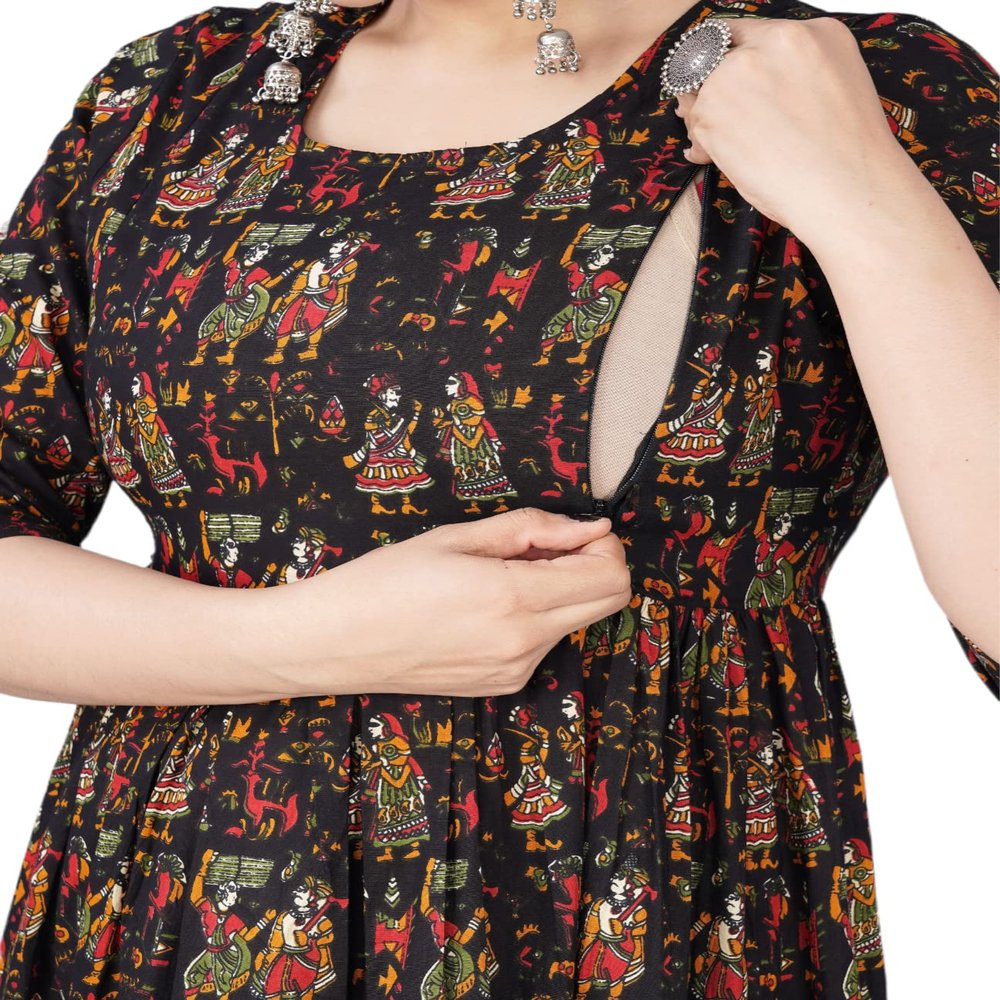 Jikonet Women's Maternity Black Dress Kurti for Pregnancy with Breastfeeding - Long Sleeve Floral Maxi Maternity Dress for Casual & Outdoor Outfits