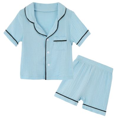JWWN Kids Short Sleeve Pajama Set 100% Cotton Button Down Sleepwear Big Girls Boys Summer Soft Lounge Set (SkyBlue,8Years)