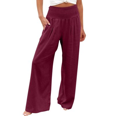 XUNRYAN Women's Cotton Linen Wide Leg Pants Summer Casual High Waisted Boho Palazzo Pants Baggy Lounge Trousers w Pockets