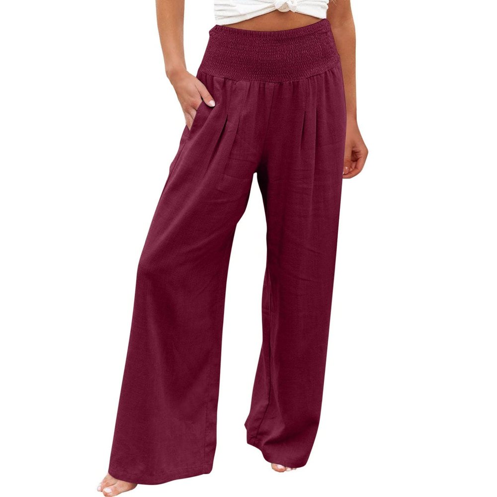 XUNRYAN Women's Cotton Linen Wide Leg Pants Summer Casual High Waisted Boho Palazzo Pants Baggy Lounge Trousers w Pockets