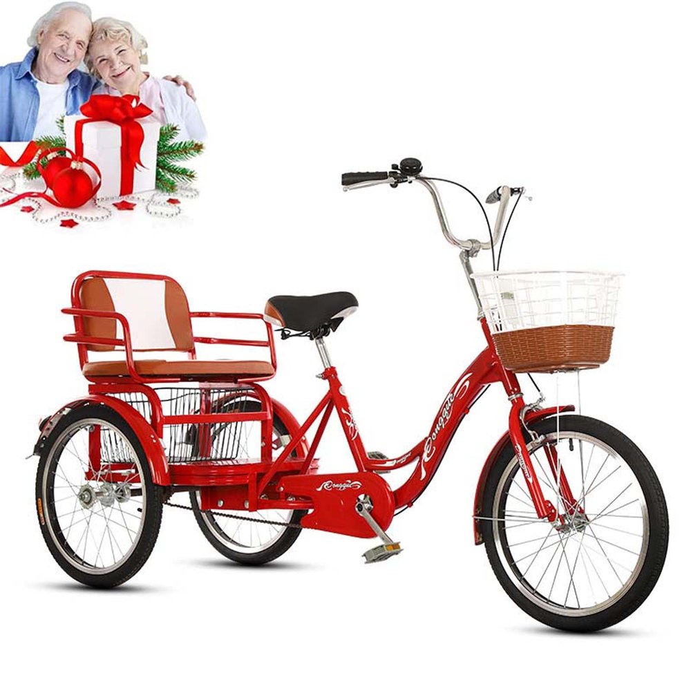 Adult Tricycles - Folding 3 Wheel Bike with Back Seat & Shopping Basket, 20" Three-Wheeled Bicycles Dual Chain Cruise Trike, for Women/Seniors/Parents, Maximum Load 386 Lbs,Red