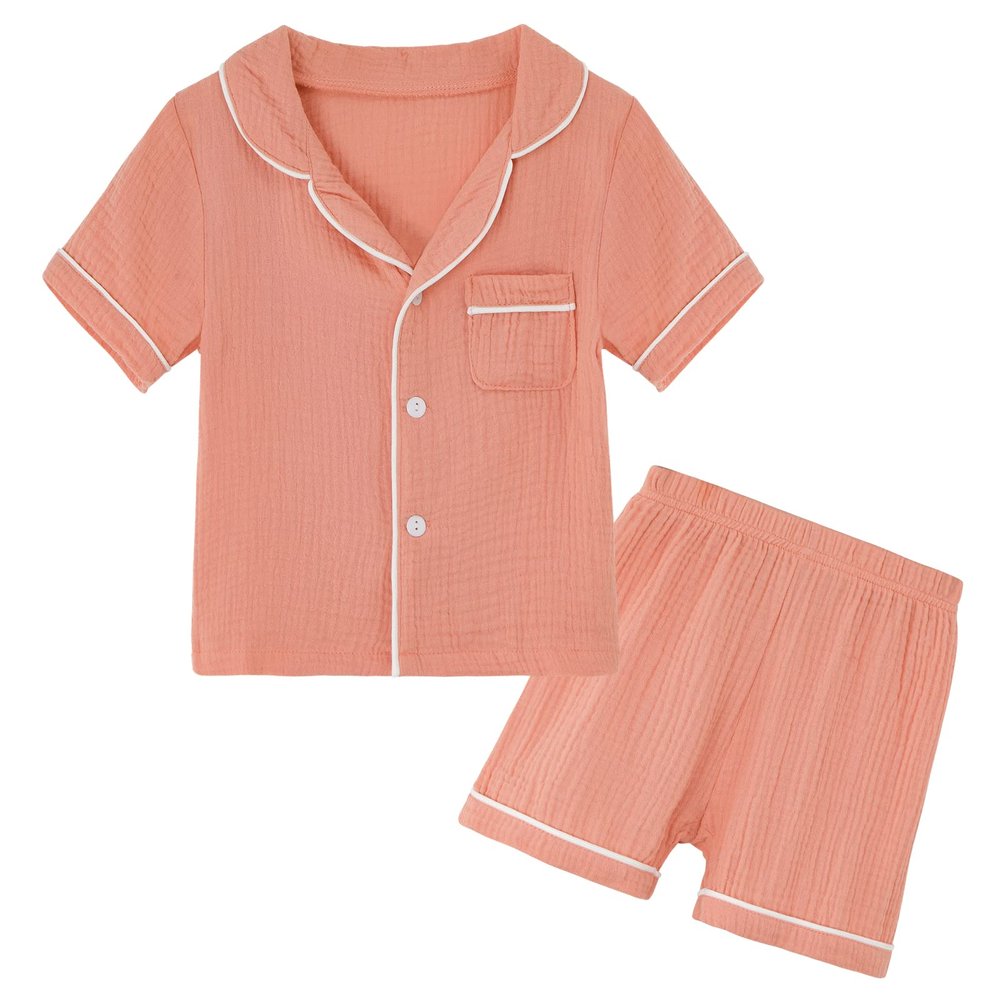 JWWN Kids Short Sleeve Pajama Set 100% Cotton Button Down Sleepwear Little Girls Summer Soft Lounge Set (Orange,4Years)