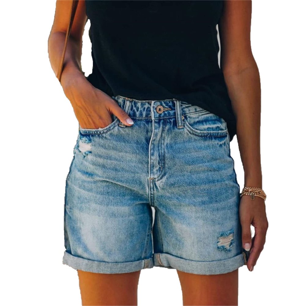 JEKE-DG Women's Ripped High Waisted Denim Shorts Distressed Stretchy Short Jeans Casual Cuffed Hem Jean Shorts (Small,Light Blue)