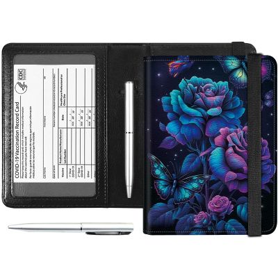 Passport and Vaccine Card Holder Combo, PU Leather RFID Blocking Passport Holder Cover Case for Women, Travel Passport Wallet Leather Case with Elastic Band, with Pen, Purple Roses and Butterflies