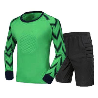 Jugaoge Kids Boys Soccer Goalie's Jersey Set Youth Teens Goalkeeper Uniform Long Sleeve Padded Top Shorts Set Striped Green 14-16 Years
