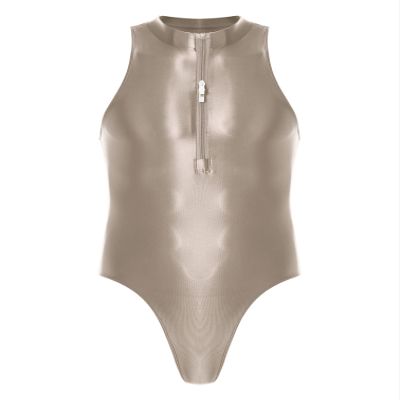 Fldy Men's Short Sleeve Round Neck One Piece Leotard Quick Dry Oil Shiny T-shirt Bodycon Suit Light Brown A One Size