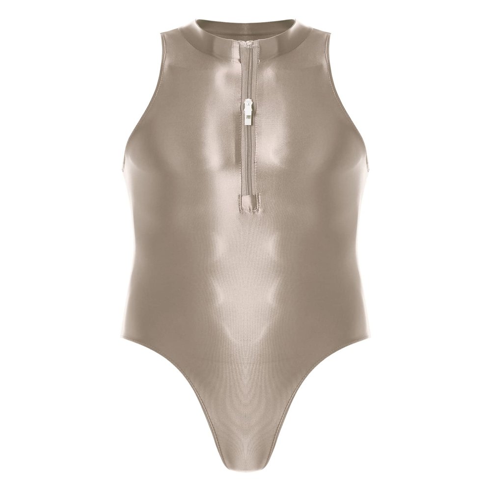 Fldy Men's Short Sleeve Round Neck One Piece Leotard Quick Dry Oil Shiny T-shirt Bodycon Suit Light Brown A One Size