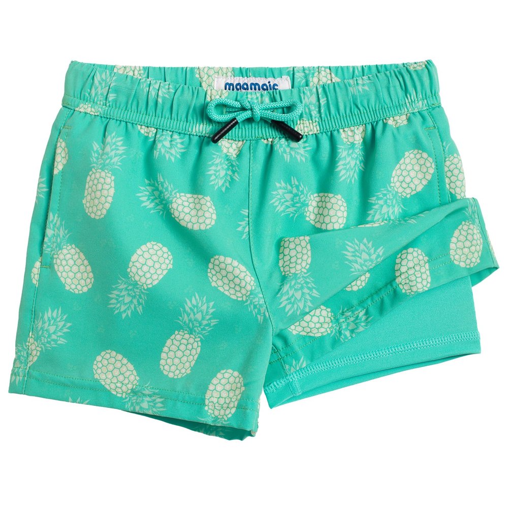 maamgic Boys Swim Trunks with Compression Liner Toddler Stretch Swim Shorts Quick Dry Swimming Trunks Boxer Brief 2 in 1 Beach Shorts Green Pineapple 2T