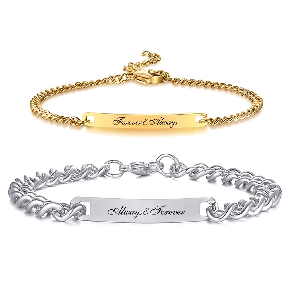 Gamtic Matching Bracelet for Couples - Silver & Gold PlatedStainless Steel Couple Bracelets Set, Personalized Promise ID Bracelet Gift to Her Him Husband Wife Boyfriend, Always & Forever