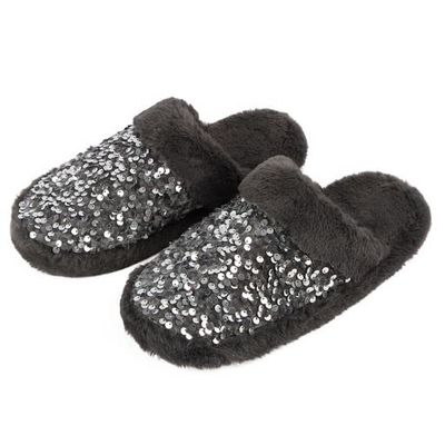 Snoozies Glam Spa Slides Womens Slippers - Cute Pedicure Slippers with Sequins - Indoor House Slippers for Women (Silver/Grey, Large)