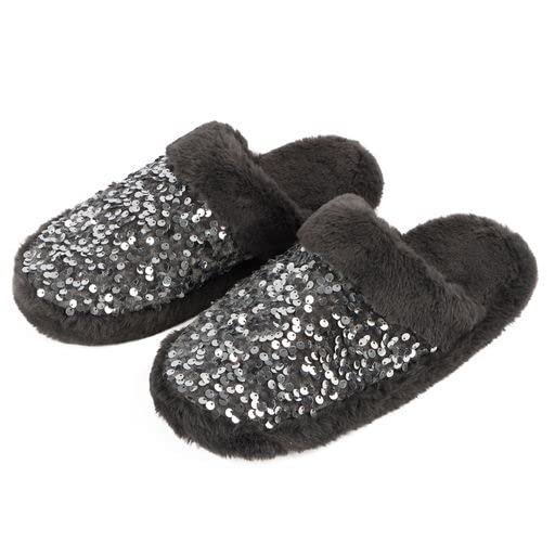 Snoozies Glam Spa Slides Womens Slippers - Cute Pedicure Slippers with Sequins - Indoor House Slippers for Women (Silver/Grey, Large)