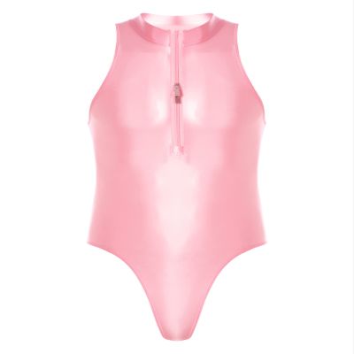 Alvivi Men Glossy Sleeveless Swimsuit Front Double Zipper Mock Neck Tights Bodysuit Clubwear Pink One Size