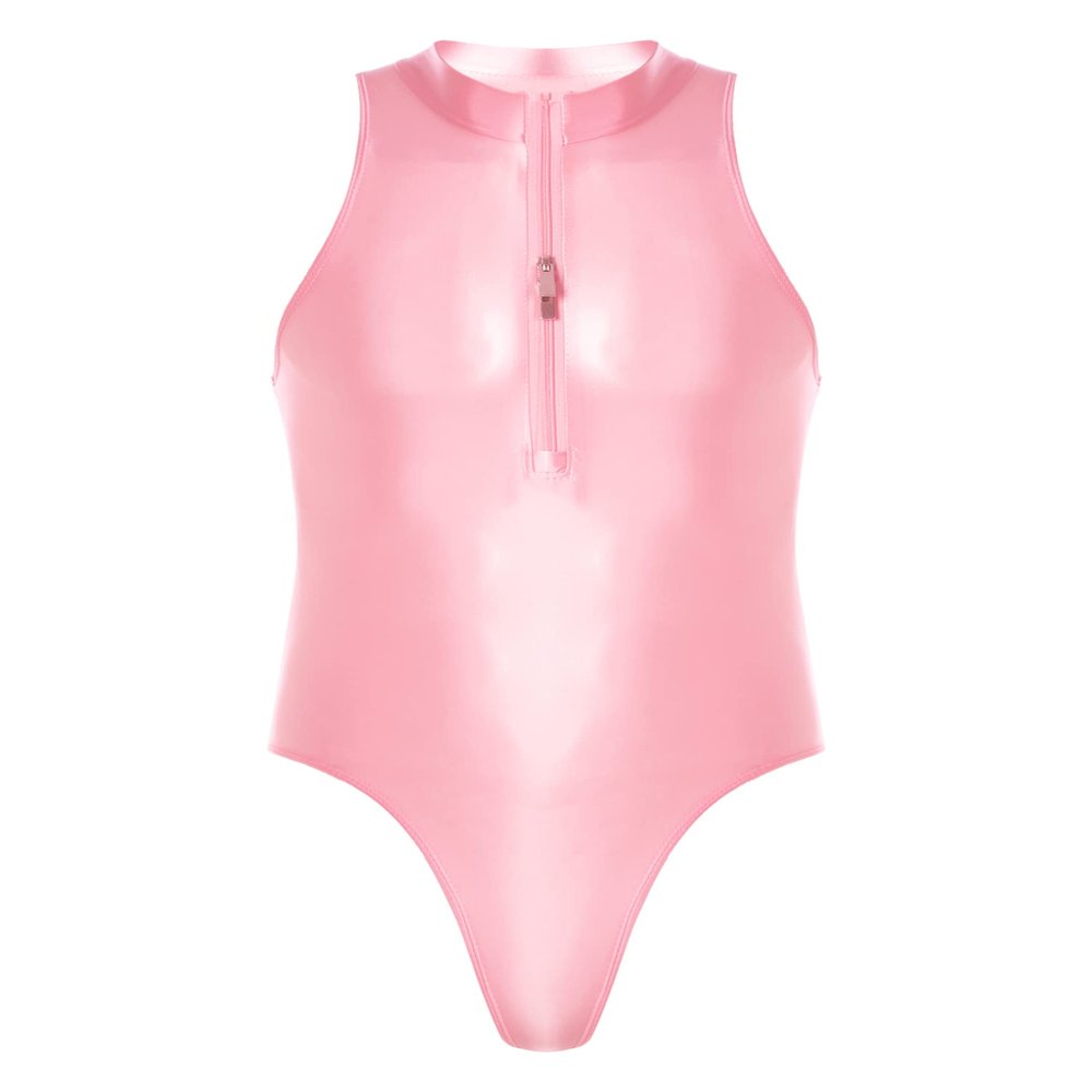 Alvivi Men Glossy Sleeveless Swimsuit Front Double Zipper Mock Neck Tights Bodysuit Clubwear Pink One Size