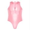 Alvivi Men Glossy Sleeveless Swimsuit Front Double Zipper Mock Neck Tights Bodysuit Clubwear Pink One Size