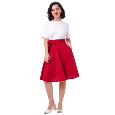 50s Red Swing Skirt for Women Flare Midi Skirt with Pockets High Waist A Line Skirts Women's 1950s Rockabilly Knee Length Skirts Audrey Hepburn Style Work Office A Line Skirt with Belt Red X-Large