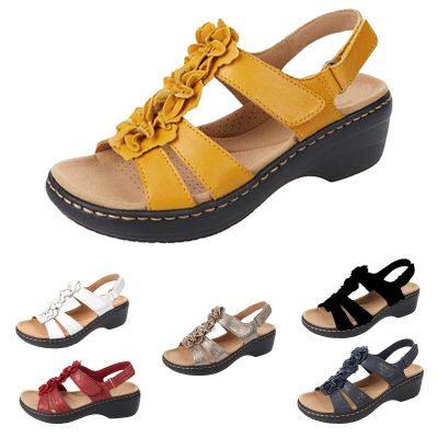 Lymphvity Womens Vintage Flowers Fish Mouth Sandals with Orthopedic Arch-Support Wedge Platform Bohemian Adjustable Ankle Strap Casual Sandals (6,yellow,Female)