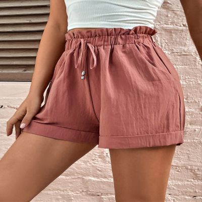 ABZEKH Shorts for Women Shorts Women's Shorts Rolled Hem Paperbag Waist Shorts Shorts (Color : Dusty Pink, Size : Medium)