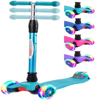 ChromeWheels Scooters for Kids, Deluxe 3 Wheels Kick Scooter 4 Adjustable Height 132lbs Weight Limit, Lean to Steer LED Light Up Wheel, Best Gifts for Girls Boys Ages 3-12 Years Old, Aqua