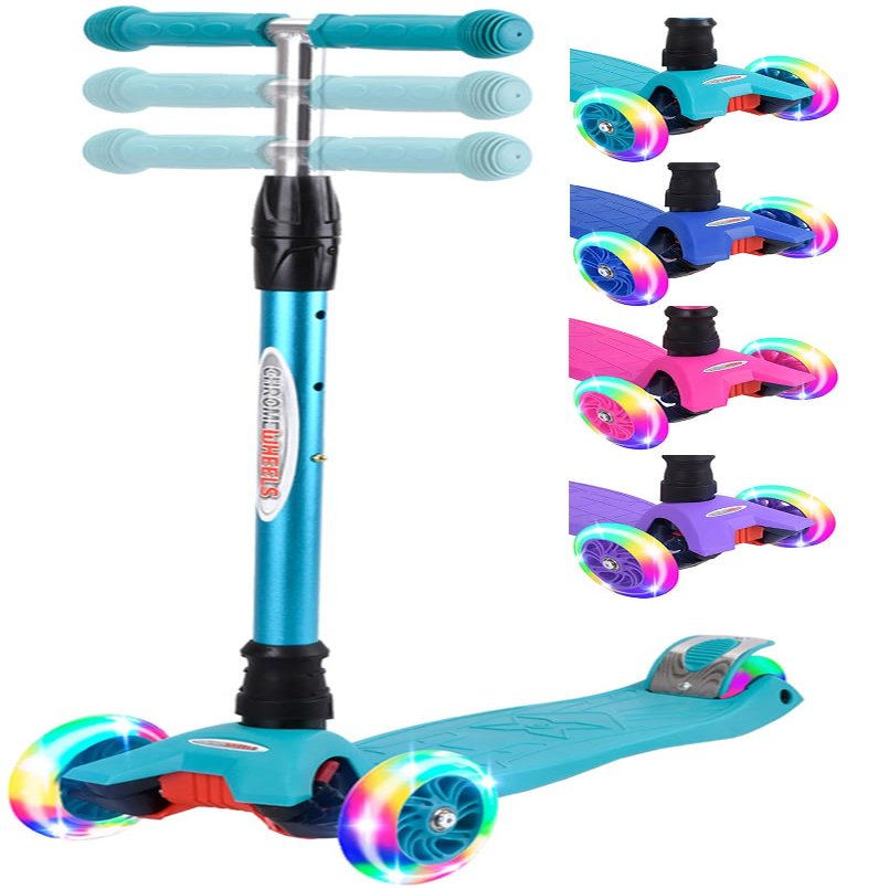 ChromeWheels Scooters for Kids, Deluxe 3 Wheels Kick Scooter 4 Adjustable Height 132lbs Weight Limit, Lean to Steer LED Light Up Wheel, Best Gifts for Girls Boys Ages 3-12 Years Old, Aqua