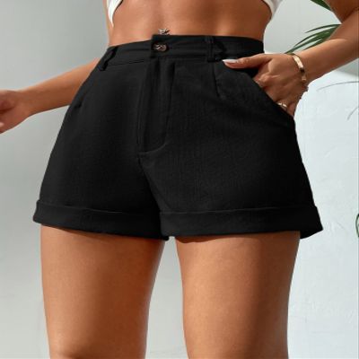 ABZEKH Shorts for Women Shorts Women's Shorts Slant Pocket Button Front Shorts Shorts (Color : Black, Size : Large)