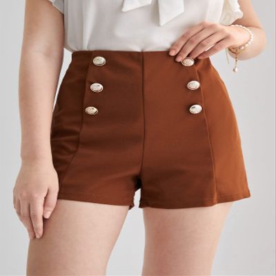 ABZEKH Shorts for Women Shorts Women's Shorts High Waist Fake Button Shorts Shorts (Color : Camel, Size : Medium)