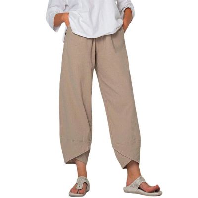Cocoarm Women Pants Women Wide Leg Petal Shaped Cuffs Solid Color Loose Fit Lounge Pants with Pockets Women Summer Pants (Khaki)