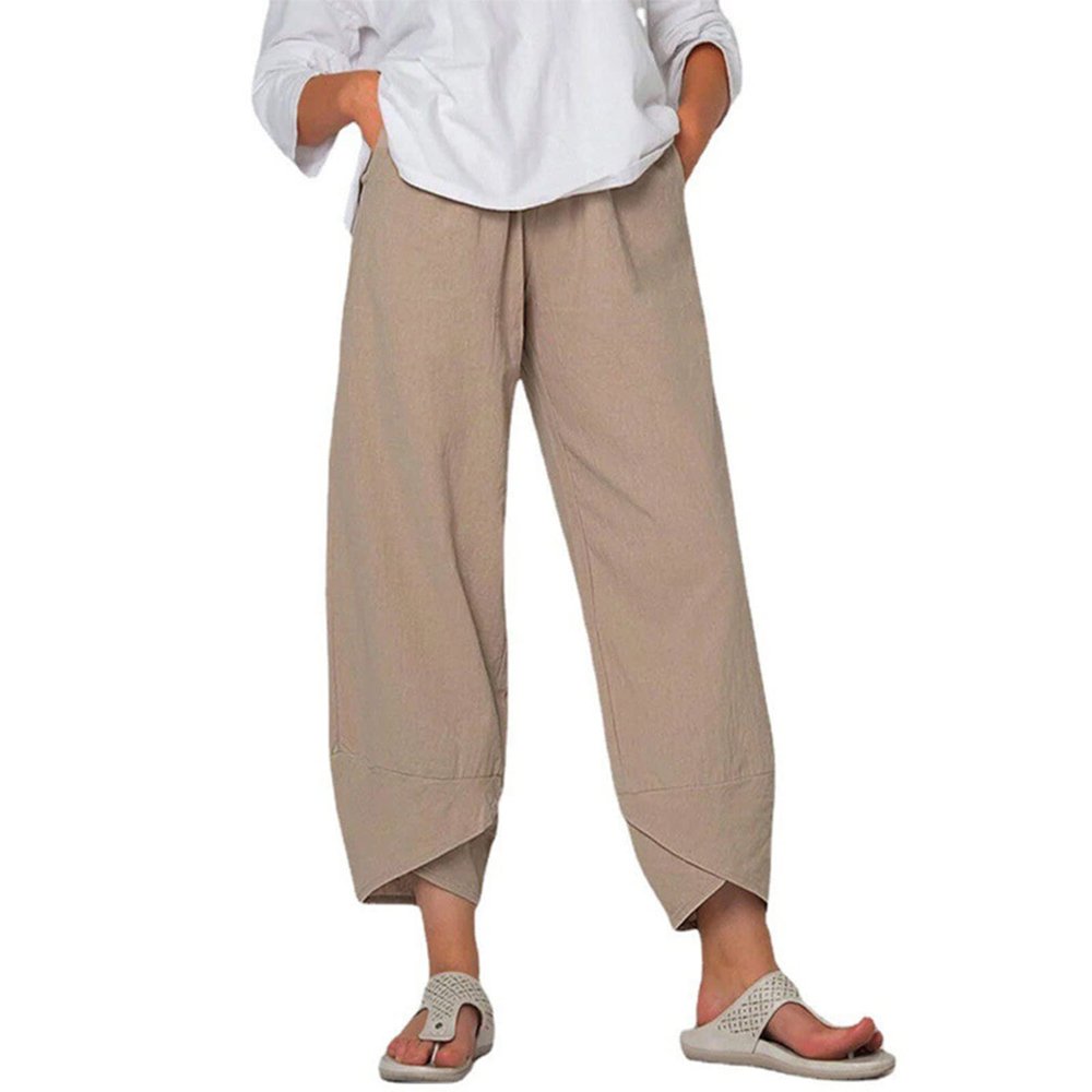 Cocoarm Women Pants Women Wide Leg Petal Shaped Cuffs Solid Color Loose Fit Lounge Pants with Pockets Women Summer Pants (Khaki)