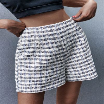 AMDMG Shorts for Women Plaid Pattern Tweed Wide Leg Shorts (Color : White, Size : X-Small)