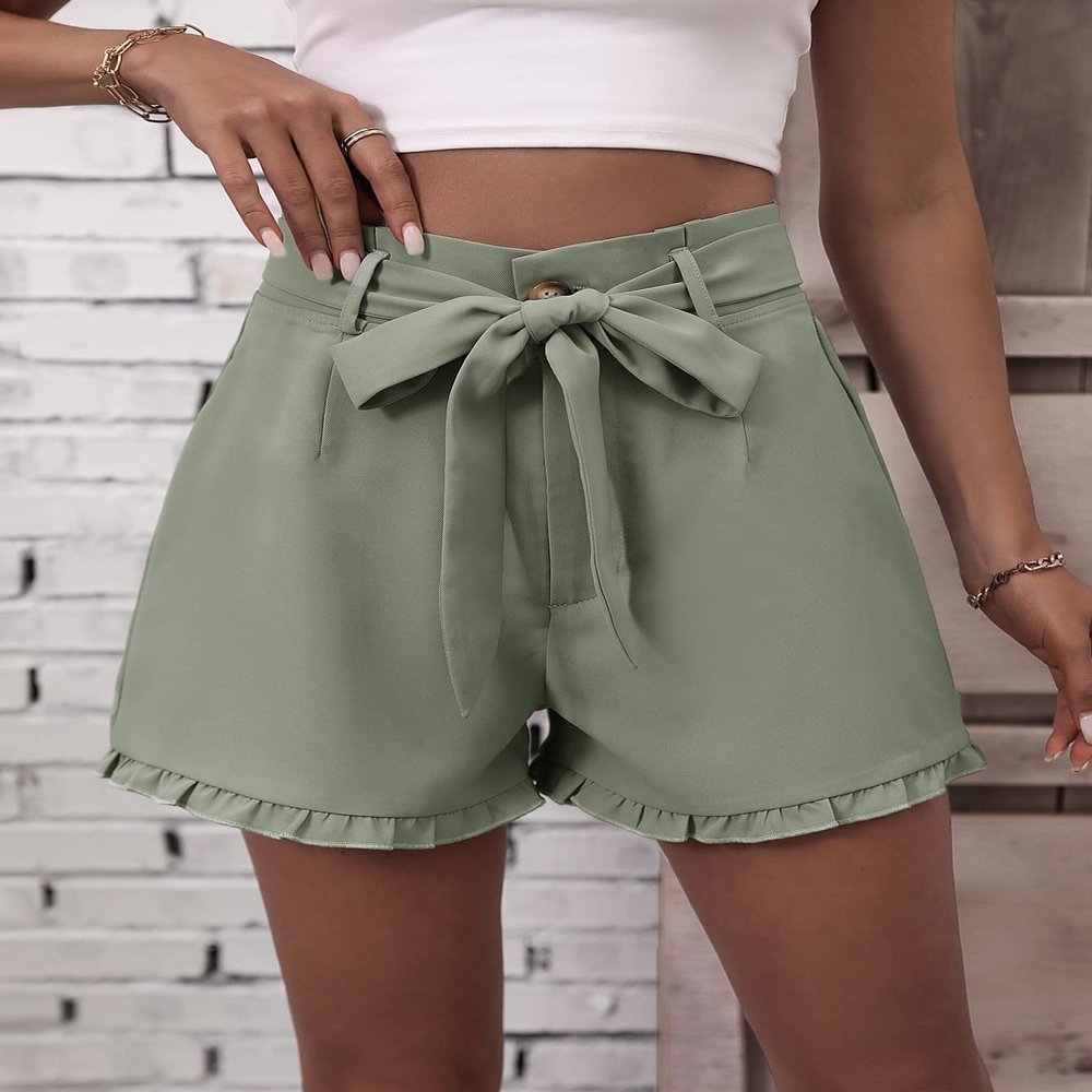 SOFULU Frill Trim Belted Shorts (Color : Mint Green, Size : X-Large)