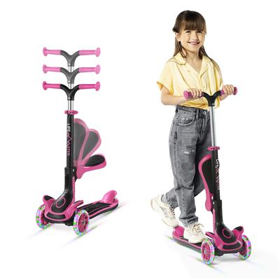 3 Wheel Scooter for Kids with Foldable Seat, Adjustable Handlebar Height, Lean-to-Steer Ride On Toy for Kids Ages 2+, Light-Up LED Wheels, Wide Anti Slip Deck, Indoor & Outdoor Use, Pink