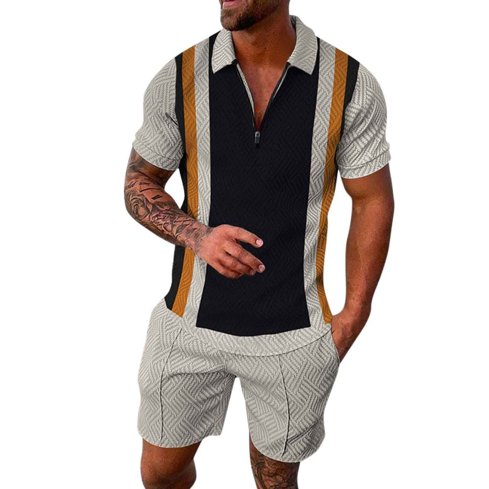 WABEOR Mens 2 Piece Short Set Outfits Summer Casual Fashion Zip Up Polo Shirt and Short Sets Graphic Designer Tracksuits Khaki