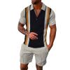 WABEOR Mens 2 Piece Short Set Outfits Summer Casual Fashion Zip Up Polo Shirt and Short Sets Graphic Designer Tracksuits Khaki view 1