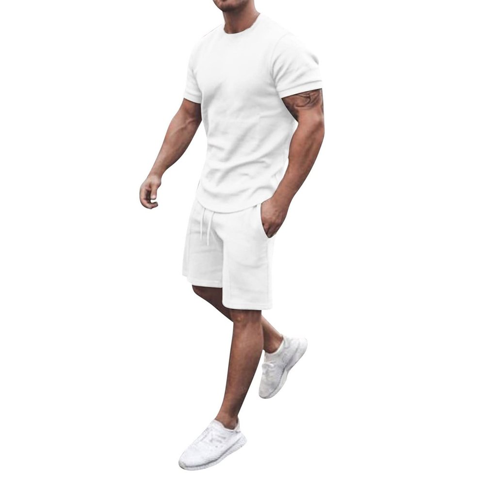 WABEOR Mens Outfits 2 Piece Fashion Casual Summer Shorts Set Muscle Slim Fit Shirt Short Sets Athletic Basic Cotton Tracksuit A-White