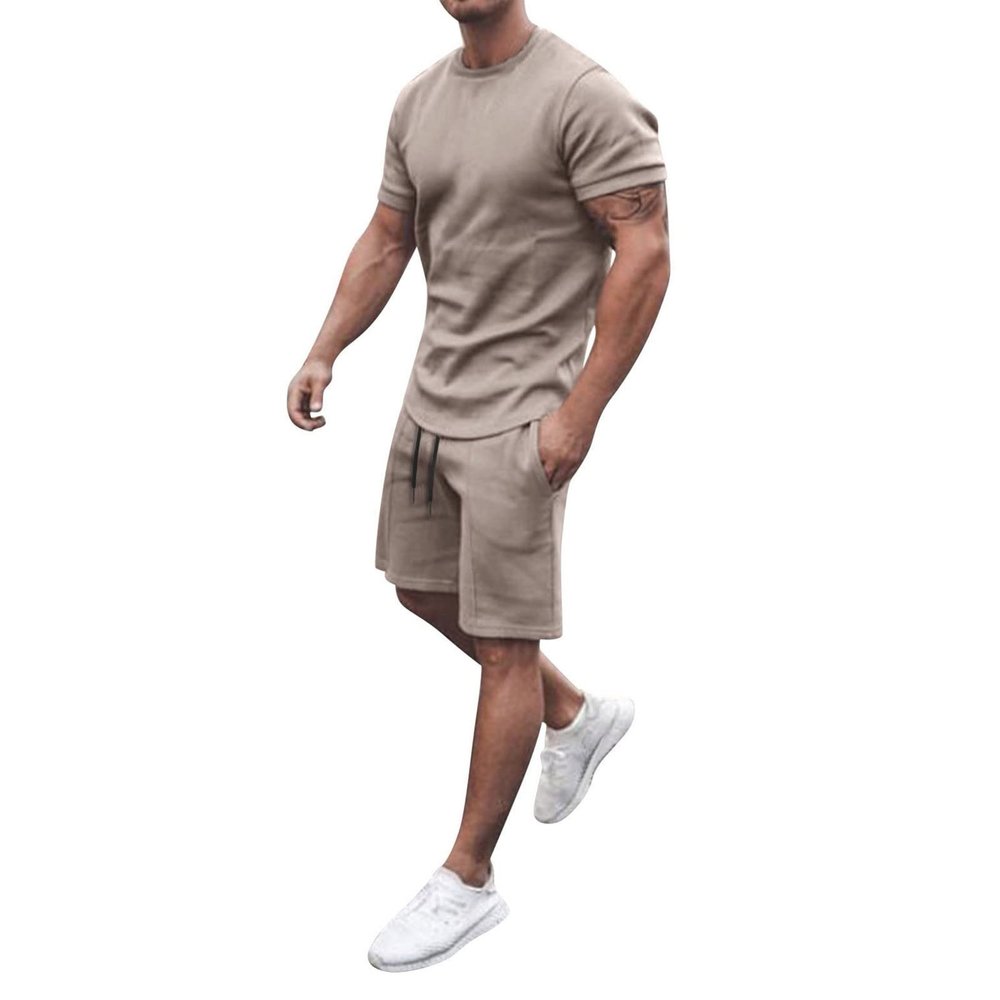 WABEOR Mens Outfits 2 Piece Fashion Casual Summer Shorts Set Muscle Slim Fit Shirt Short Sets Athletic Basic Cotton Tracksuit A-Khaki