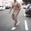 WABEOR Mens Outfits 2 Piece Fashion Casual Summer Shorts Set Muscle Slim Fit Shirt Short Sets Athletic Basic Cotton Tracksuit A-Khaki view 2
