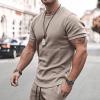 WABEOR Mens Outfits 2 Piece Fashion Casual Summer Shorts Set Muscle Slim Fit Shirt Short Sets Athletic Basic Cotton Tracksuit A-Khaki view 3