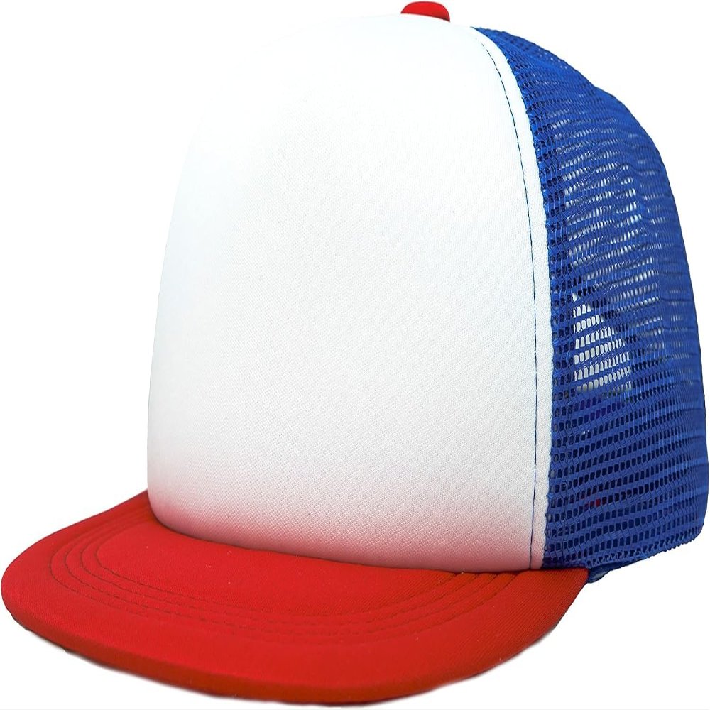 Funky Junque Toddler Flat Brim Trucker Hat Baby Boy Kids Adjustable Mesh Baseball Cap Summer - 12-24 Months Red/White/Royal Blue