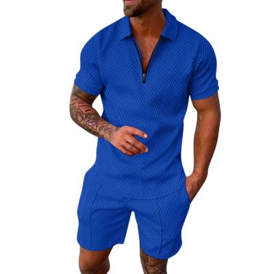 Mens Vacation Outfits Set Casual Fashion Urban Striped Polo Shirt and Short Sets Summer Tracksuits Two Piece Sets Blue