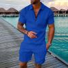 Mens Vacation Outfits Set Casual Fashion Urban Striped Polo Shirt and Short Sets Summer Tracksuits Two Piece Sets Blue view 2