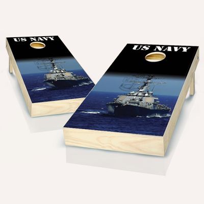 Navy Ship Cornhole Set - 2x4 Boards (All Weather Bags) - Include Edge Lights + Score Tower