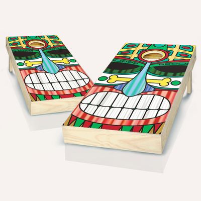 Skip's Garage Tiki Face Colors Cornhole Set - 2x4 Boards (Corn Filled Bags) - Include Case + Edge Lights + Score